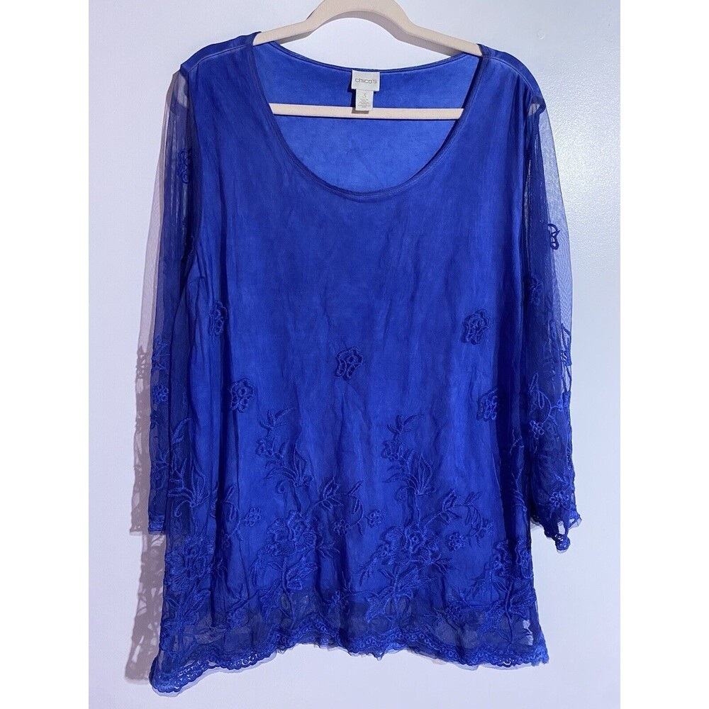 Chicos Tunic Top Womens 3 Blue Floral Mesh Artsy Embroidered Classy Corpcore
